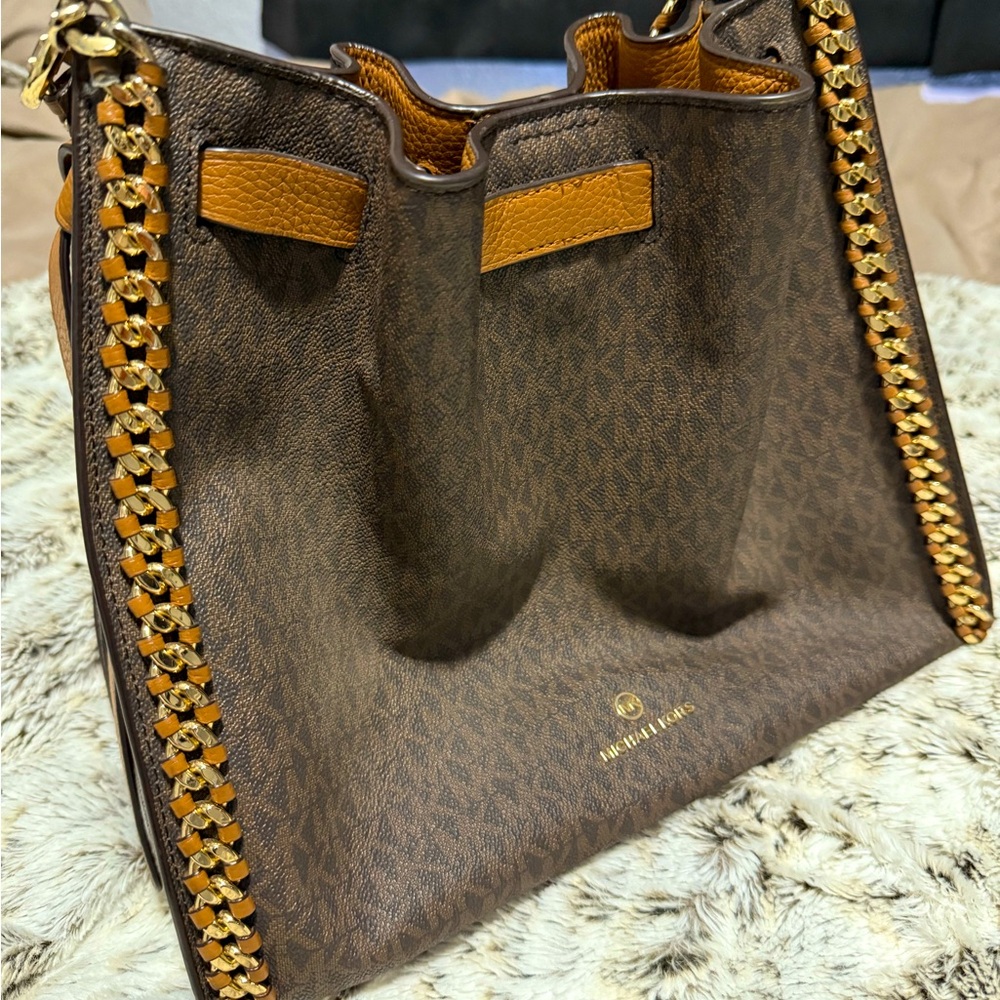 Michael Kors Brown and Gold Shoulder Bag with Chain Detail, Good Condition